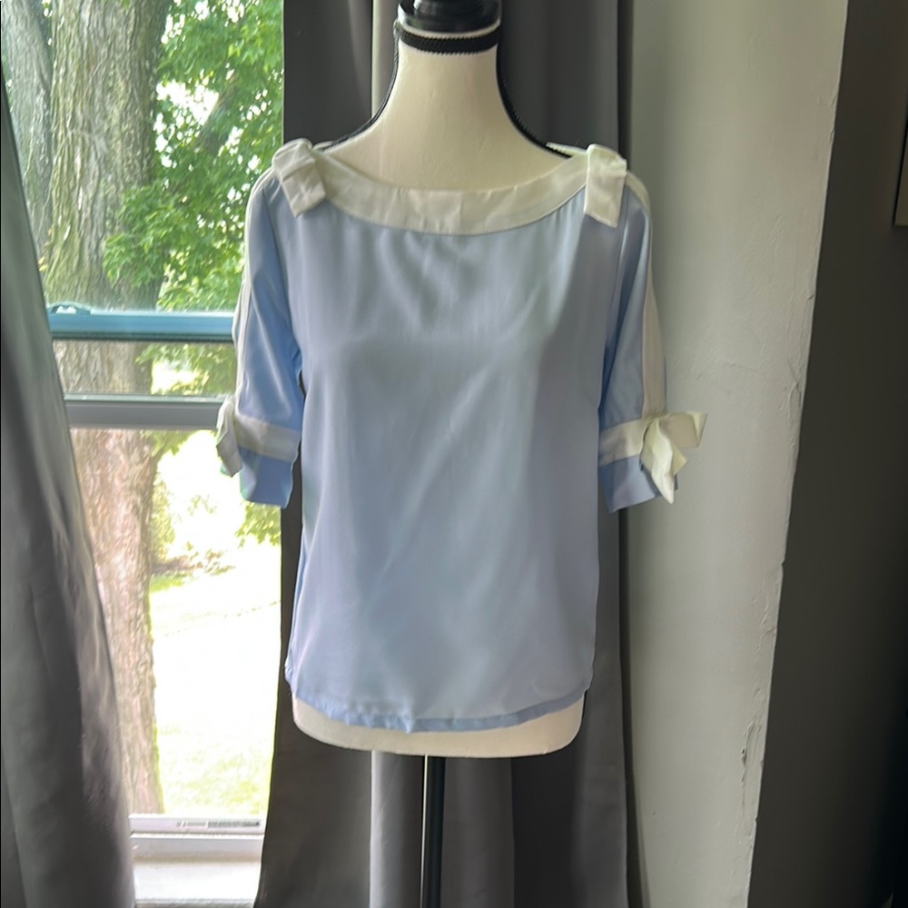 Blue and White Blouse with Bows